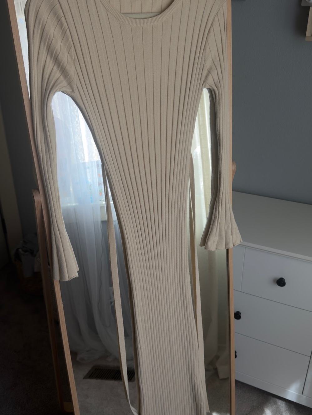 Ribbed Knit Long Cream Dress